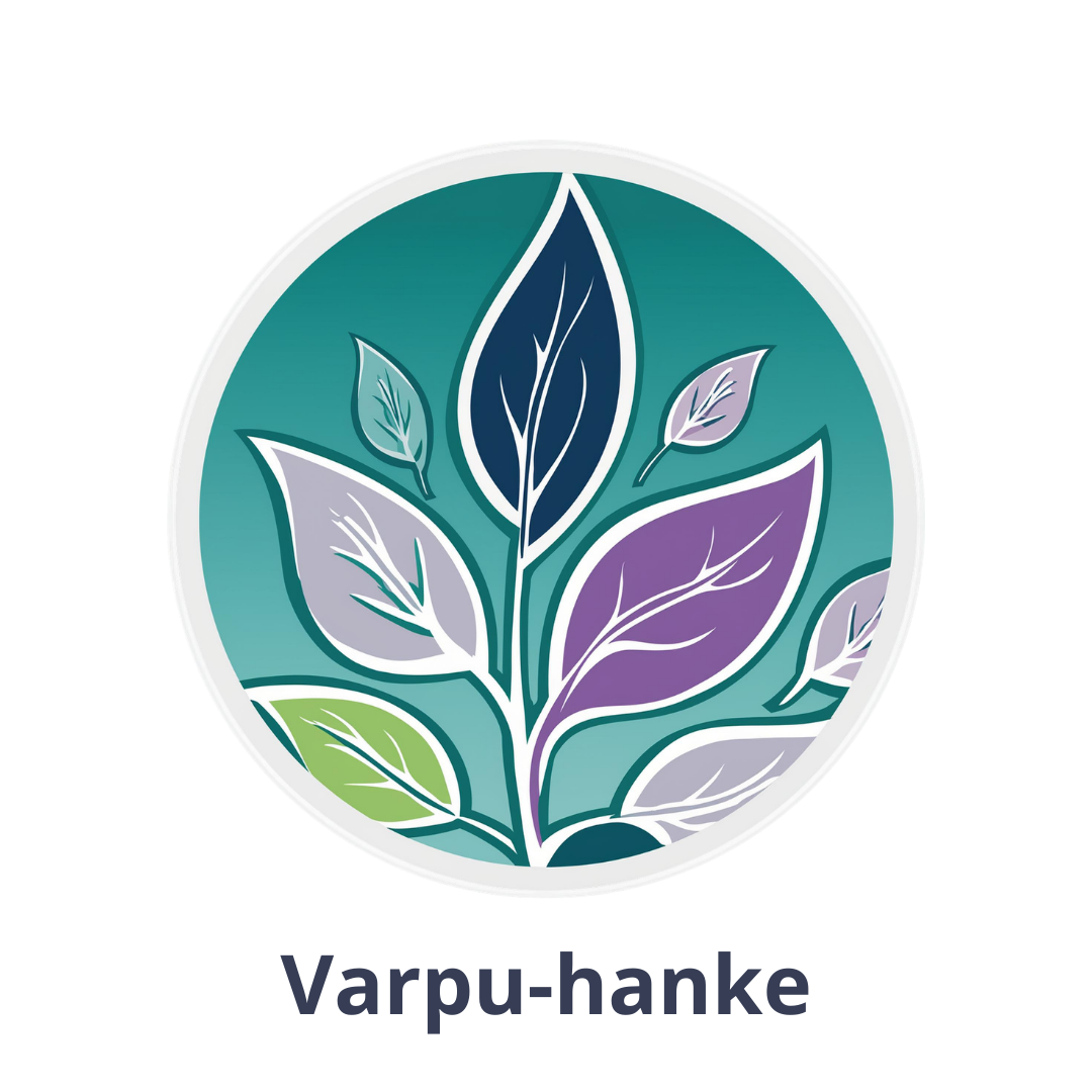 Varpu-logo: erivärisiä lehtiä turkoosilla taustalla